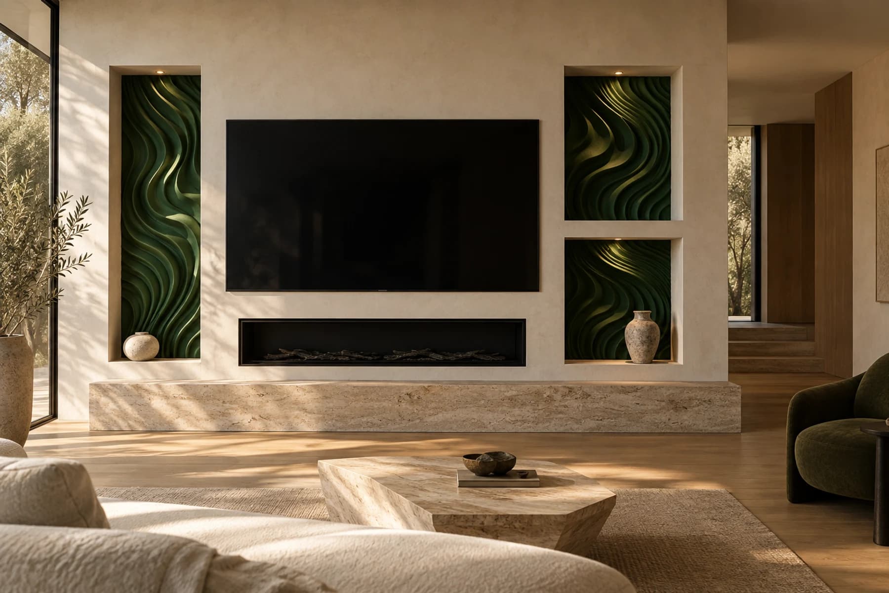 Warm architectural media wall with deep green sculptural relief inside illuminated recesses